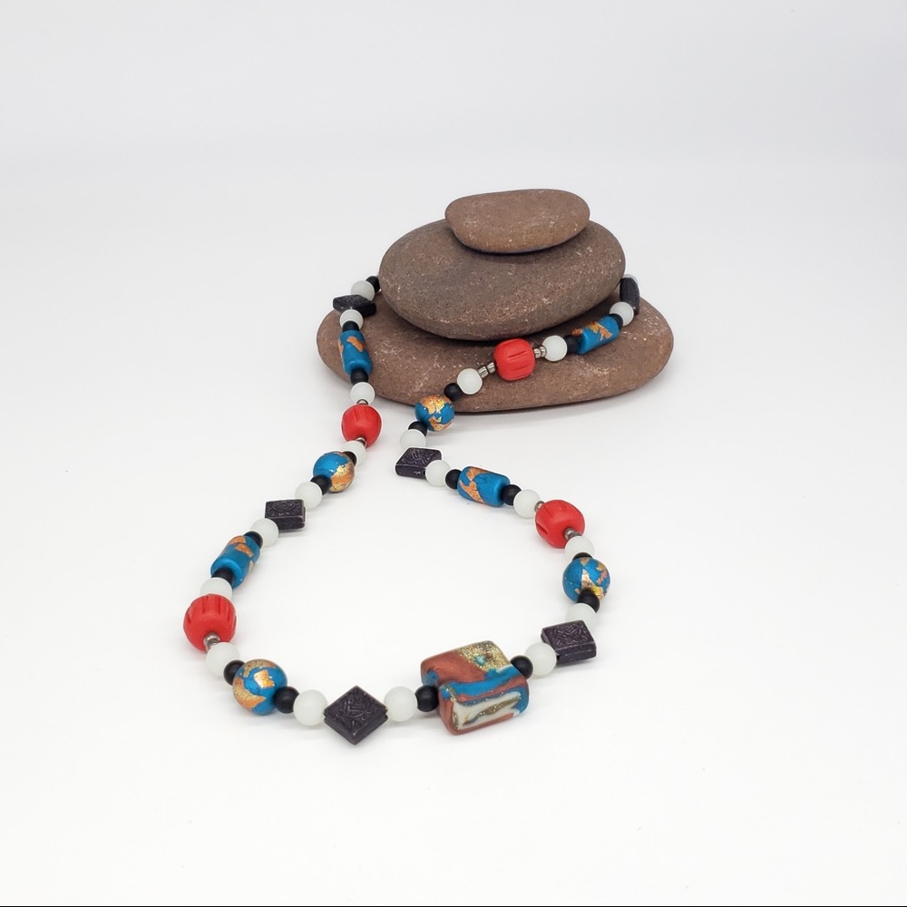 Red,White,Blue, Copper & Gold Leaf Bead Necklace